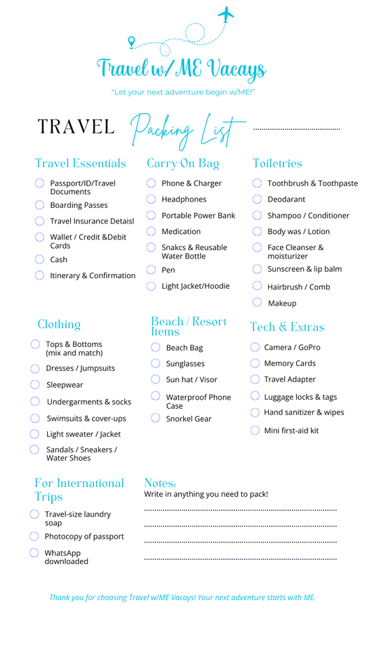Travel w/ME Vacays Ultimate Packing List